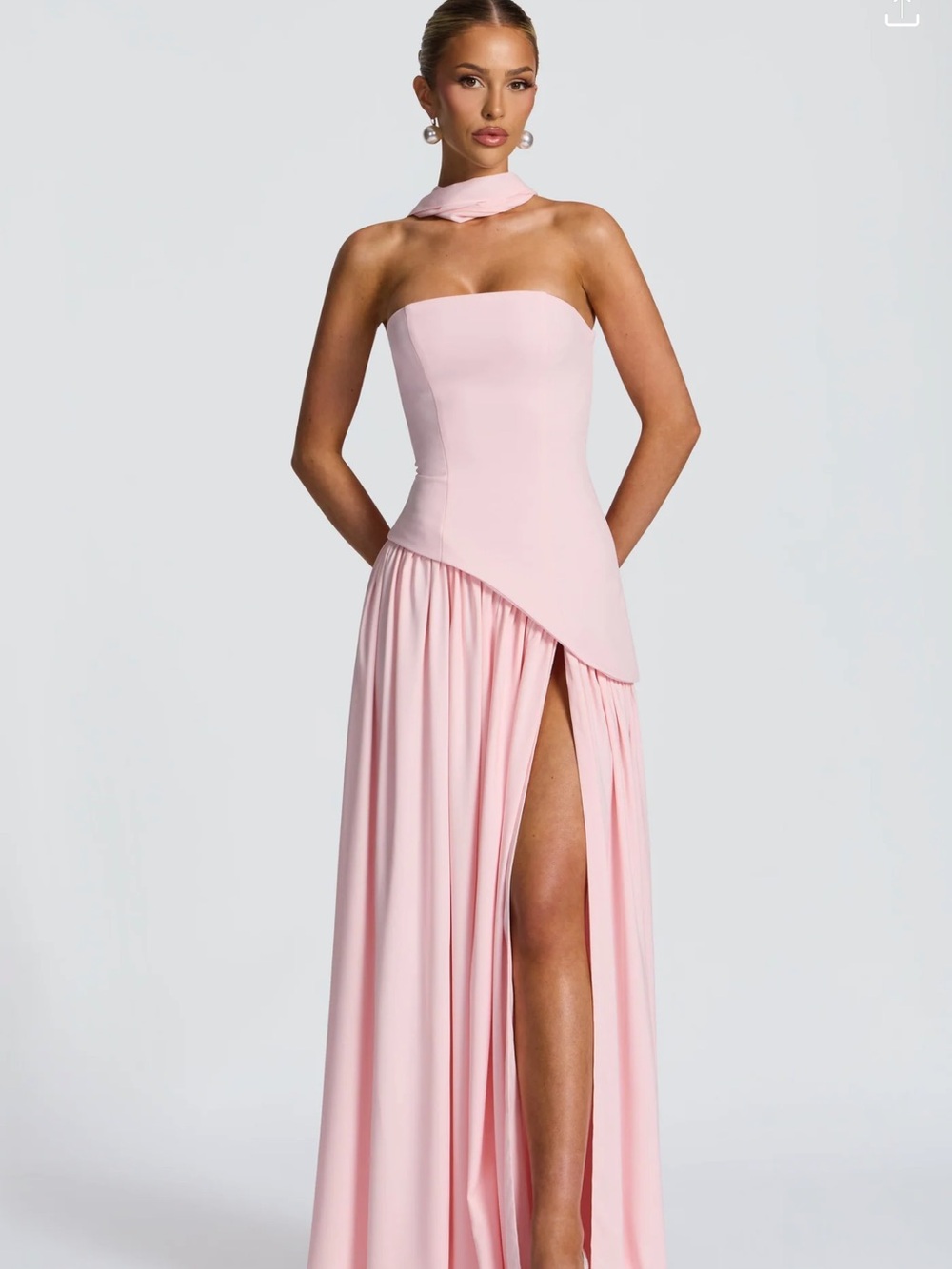 Strapless Light Pink Asymmetric Gown with Thigh Slit